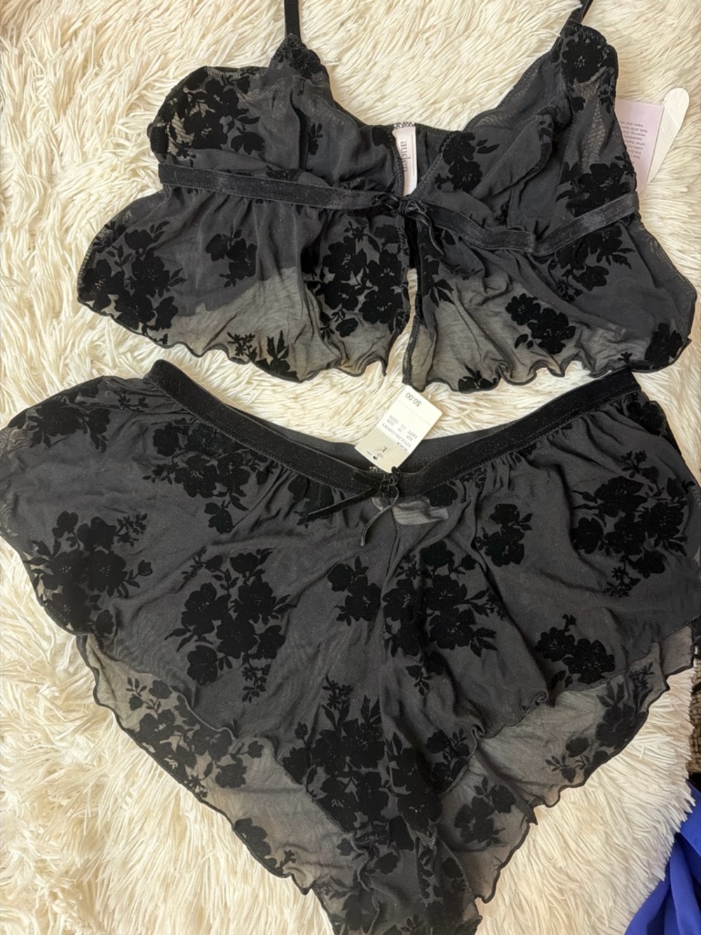Sheer Black Floral Lace Two-Piece Loungewear Set